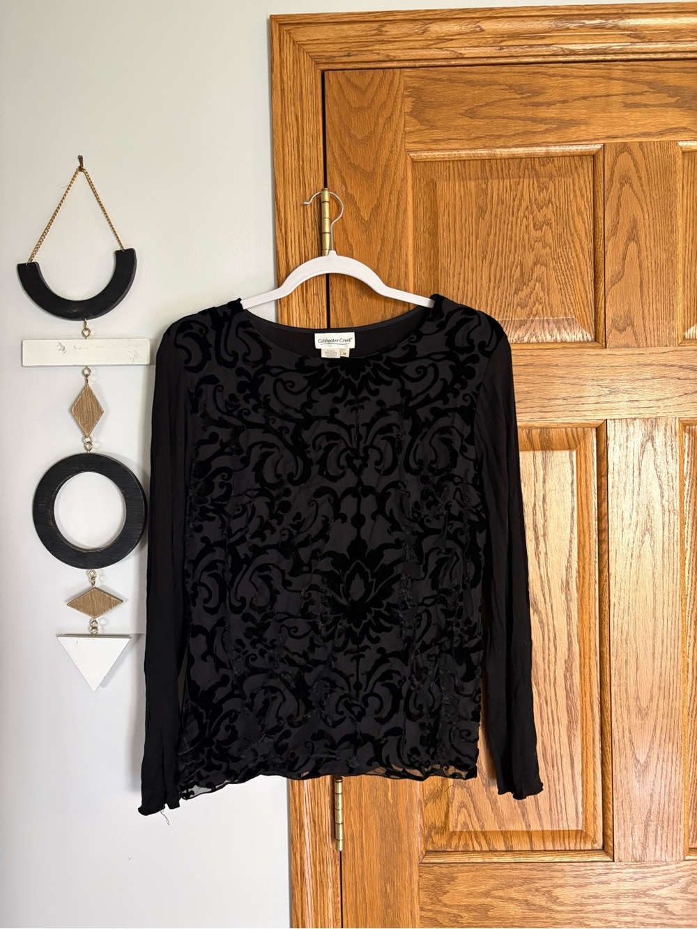 Coldwater Creek Black Velvet Damask Long-Sleeve Top